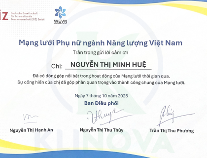Certificate of Recognition: Women in Energy Viet Nam Network for KLINOVA's Expert